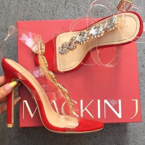Red heels with Gold decal & Clear Strap